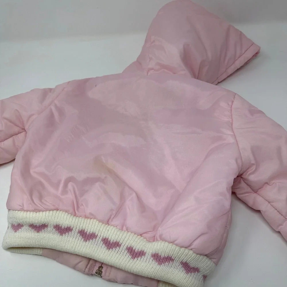 Vintage 80s Baby Girl Pink Puffer Jacket 18M Rocking Horse Knit Hooded